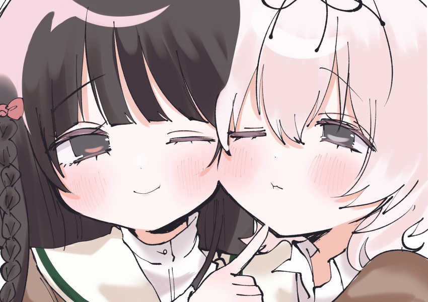 2girls, babumi_roriko, braid, brown_hair, cheek-to-cheek, hair_between_eyes, hanamura_hinako, hand_on_another's_chin