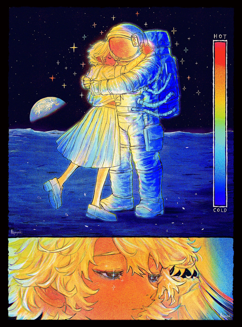 1girl, 1other, astronaut, closed_eyes, commentary, english_commentary, full_body, highres