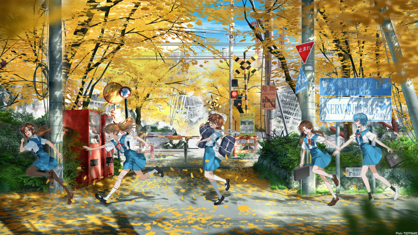 5girls, absurdres, ankle_socks, autumn_leaves, ayanami_rei, bag, black_bag, black_shoes