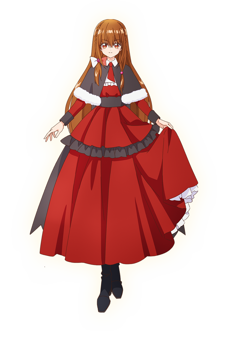 1girl, ascot, black_capelet, boots, capelet, closed_mouth, commentary_request, dress, full_body, fur-trimmed_capelet, fur_trim, highres, iana_magnolia, long_hair, looking_at_viewer, official_art, orange_hair, red_ascot, red_dress, red_eyes, second-party_source, skirt_hold, smile, solo, tensei_akujo_no_kuro_rekishi, transparent_background, very_long_hair