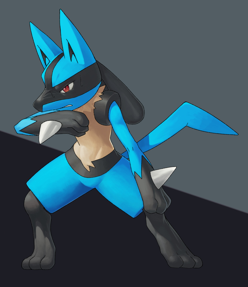 absurdres, blue_fur, clenched_teeth, commentary_request, exhausted, frown, full_body, furry, highres, katahane3, lucario, pokemon, pokemon_(creature), pokemon_focus, red_eyes, solo, spikes, standing, sweat, teeth, wiping_sweat