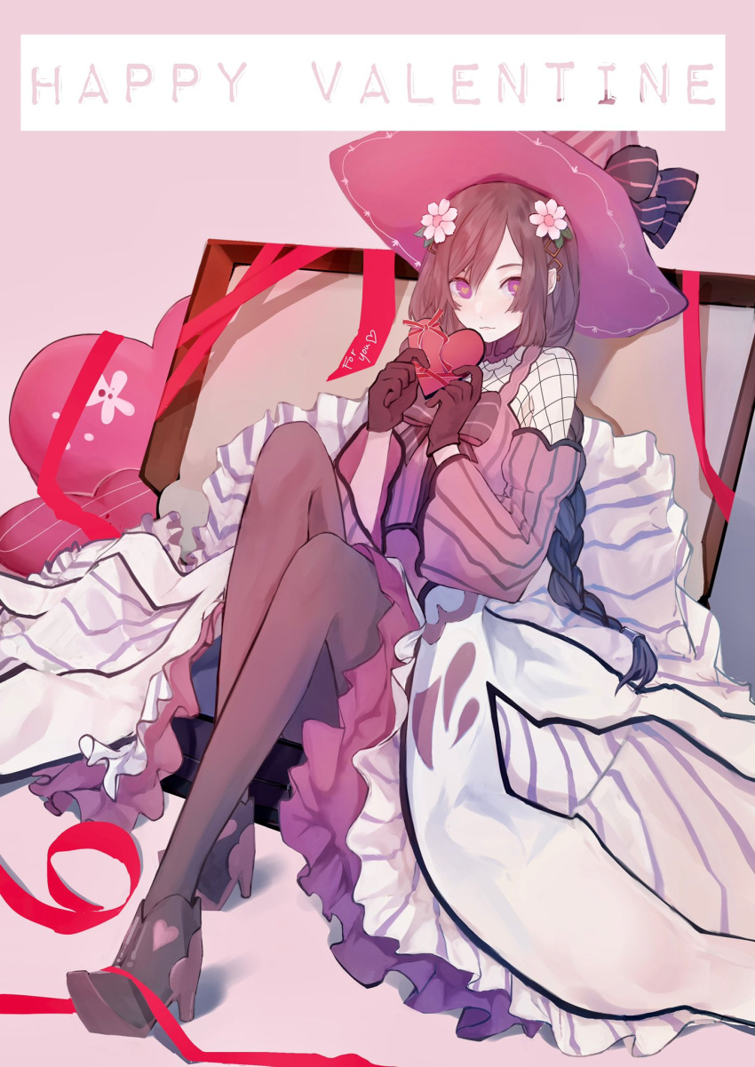 1girl, braid, brown_hair, commentary_request, fishnet_fabric, fishnet_top, fishnets, flower, hair_between_eyes, hair_flower, hair_ornament, happy_valentine, hat, heart, heart-shaped_pupils, highres, hororopoppo, long_hair, looking_at_viewer, ludmila_(rune_factory), pink_hat, pointy_ears, rune_factory, rune_factory_5, solo, striped_sleeves, symbol-shaped_pupils, twin_braids, twintails, violet_eyes, witch_hat, yellow_pupils