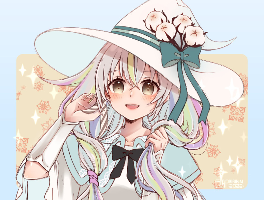 1girl, apririnn, aqua_capelet, black_bow, black_bowtie, bow, bowtie, capelet