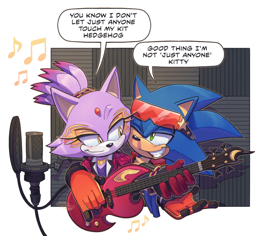 1boy, 1girl, bass_guitar, blaze_the_cat, blaze_the_cat_(bassist), blue_fur, commentary, commission