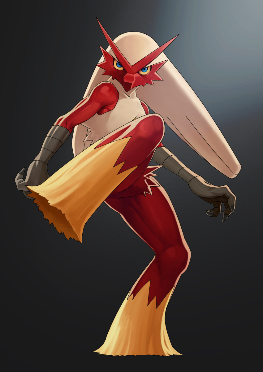 absurdres, blaziken, blue_eyes, claws, colored_sclera, commentary_request, fighting_stance, full_body
