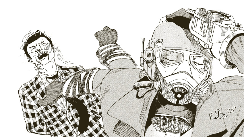 2026, 2boys, armor, artist_name, benny_(fallout:_new_vegas), blood, blood_on_face, broken_eyewear