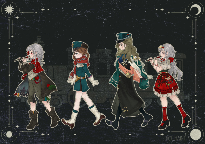 4girls, aima_(reverse:1999), artist_name, black_background, black_boots, black_coat, black_dress, black_gloves