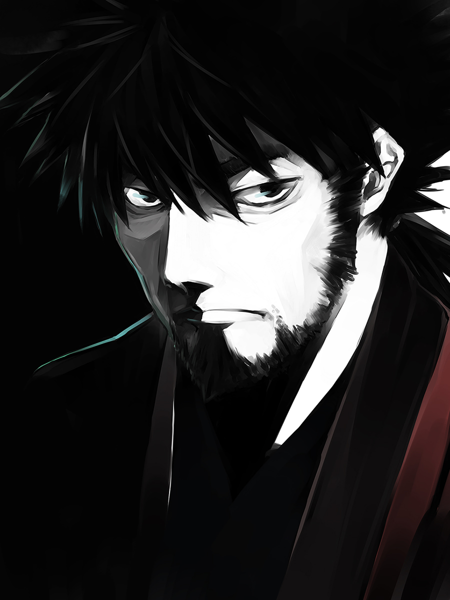 1boy, beard, black_background, black_eyes, black_hair, dimension_w, facial_hair, highres