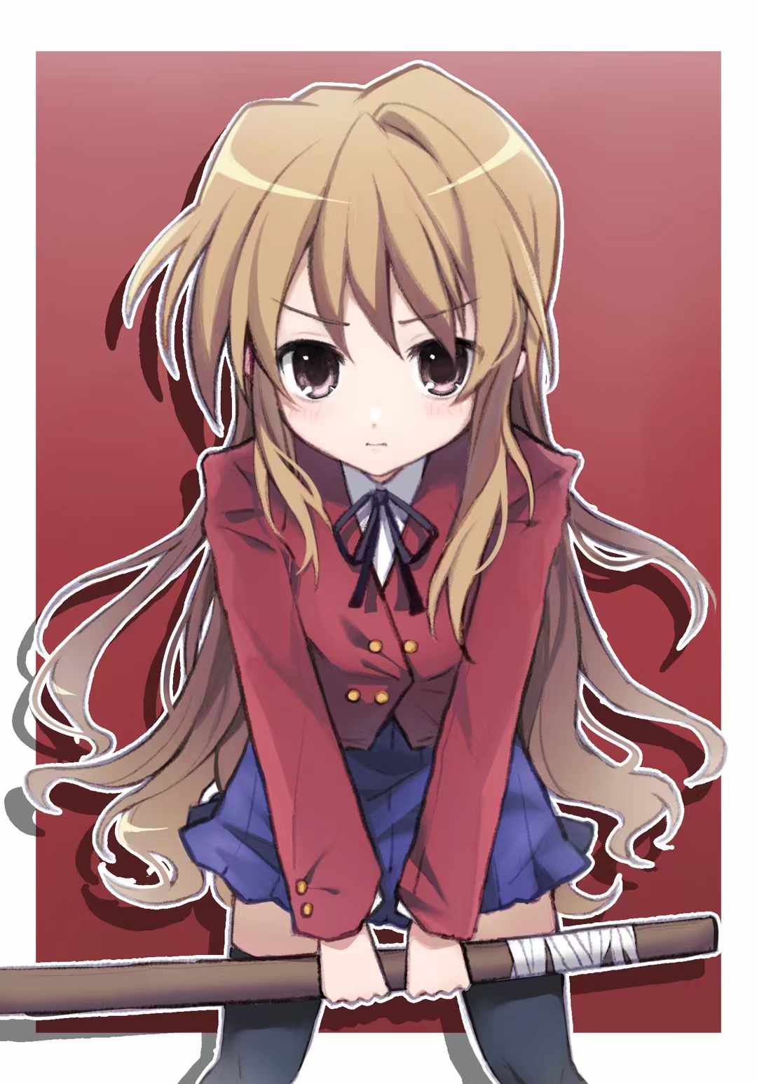1girl, 545s_(user_azfy2553), aisaka_taiga, black_bow, black_bowtie, black_thighhighs, blazer, blue_skirt