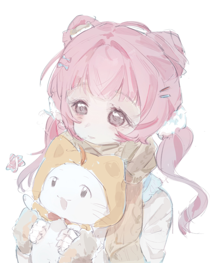1girl, absurdres, ahoge, animal, arm_warmers, blue_bow, bow, breath