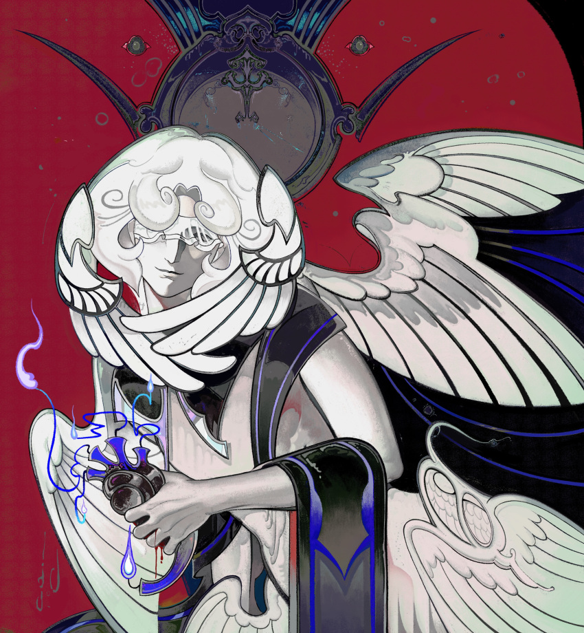 1boy, absurdres, angel, angel_wings, black_shawl, colored_skin, cookie_run, cookie_run:_kingdom