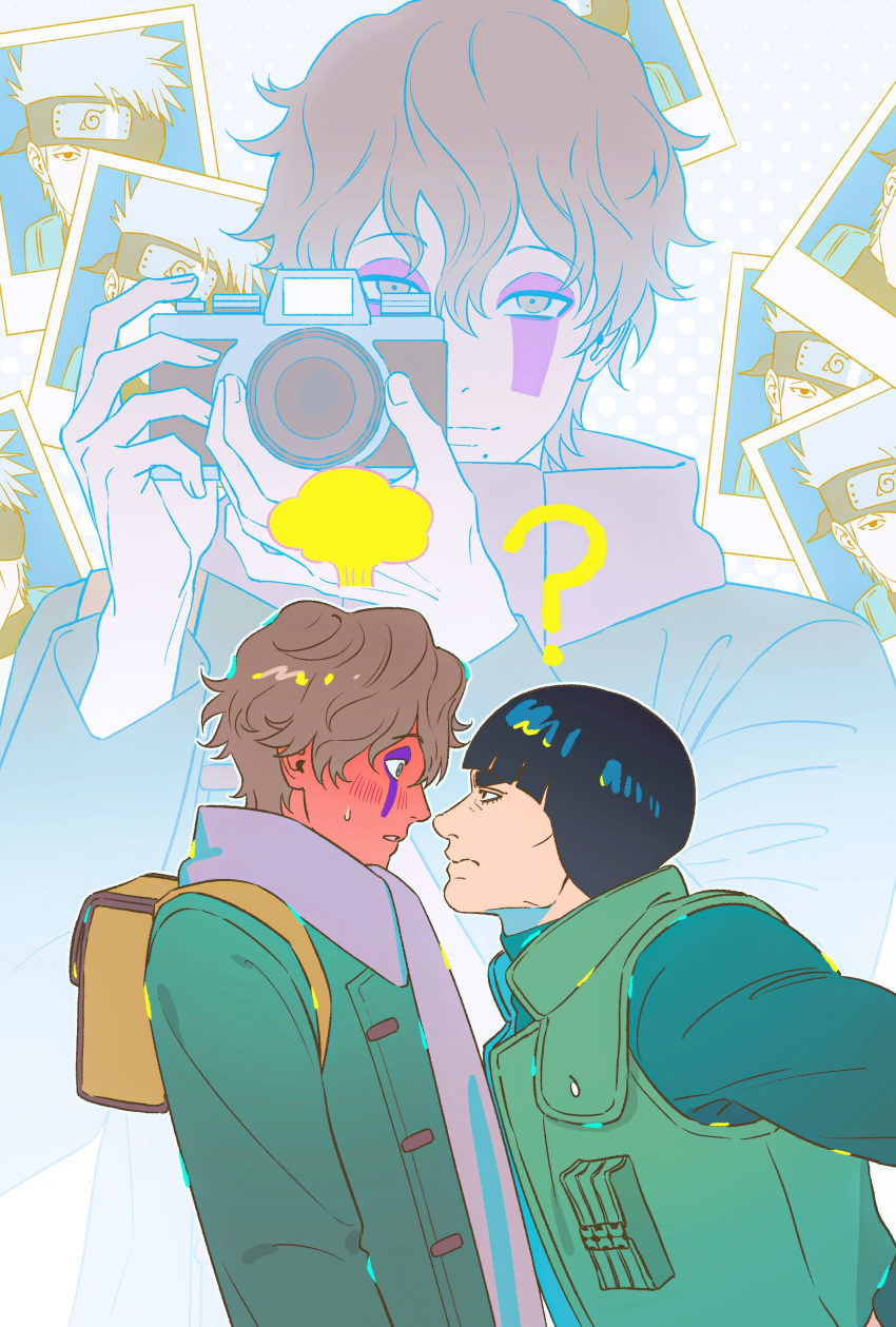 2boys, ?, absurdres, backpack, bag, black_hair, blunt_bangs, blush