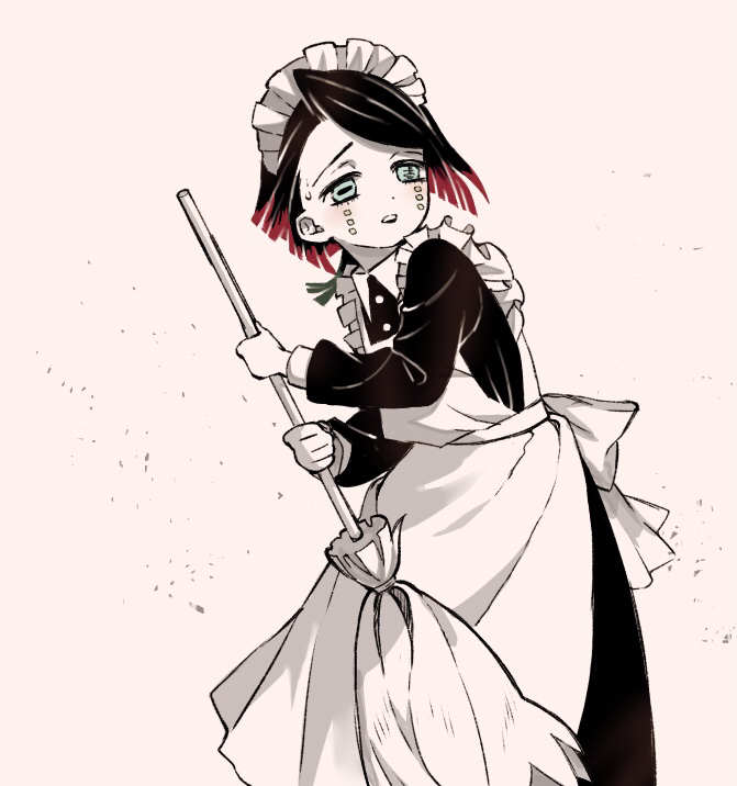 1boy, alternate_costume, apron, aqua_eyes, asymmetrical_bangs, back_bow, black_dress, bow, broom, buttons, colored_skin, colored_tips, commentary_request, cowboy_shot, crossdressing, crossdressing_(mtf), demon_boy, dress, enmaided, enmu_(kimetsu_no_yaiba), facial_mark, holding, holding_broom, karikari_(pixiv42147188), kimetsu_no_yaiba, long_sleeves, maid, maid_headdress, male_focus, medium_hair, multicolored_hair, open_mouth, simple_background, solo, standing, symbol-shaped_pupils, tears_facial_mark, teeth, trap, turning_head, upper_teeth_only, white_apron, white_background, white_bow, white_skin