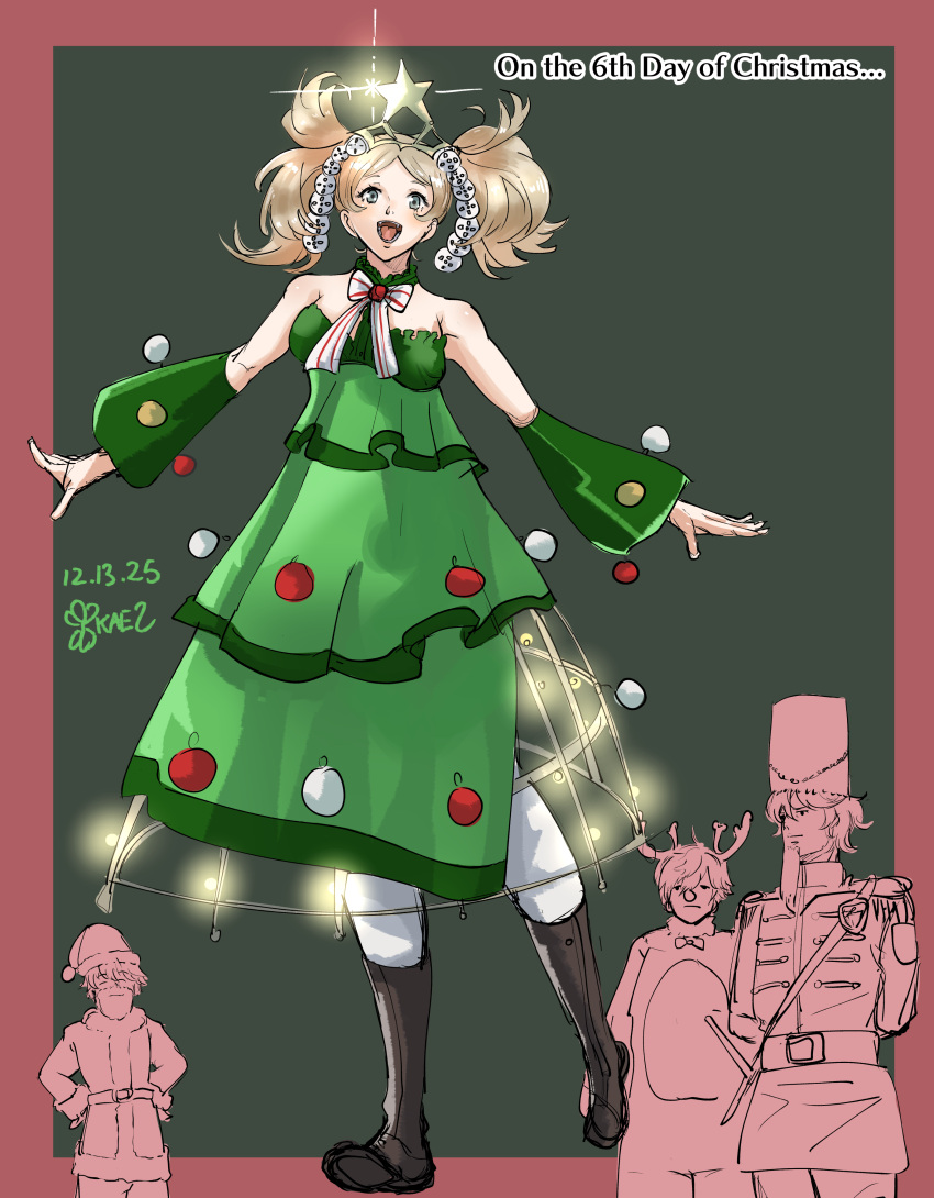 1girl, absurdres, alternate_costume, blonde_hair, blue_eyes, christmas_tree_costume, chrom_(fire_emblem), commentary, english_commentary, fire_emblem, fire_emblem_awakening, frederick_(fire_emblem), highres, kaen_(yoltablaze), lissa_(fire_emblem), short_twintails, smile, twintails