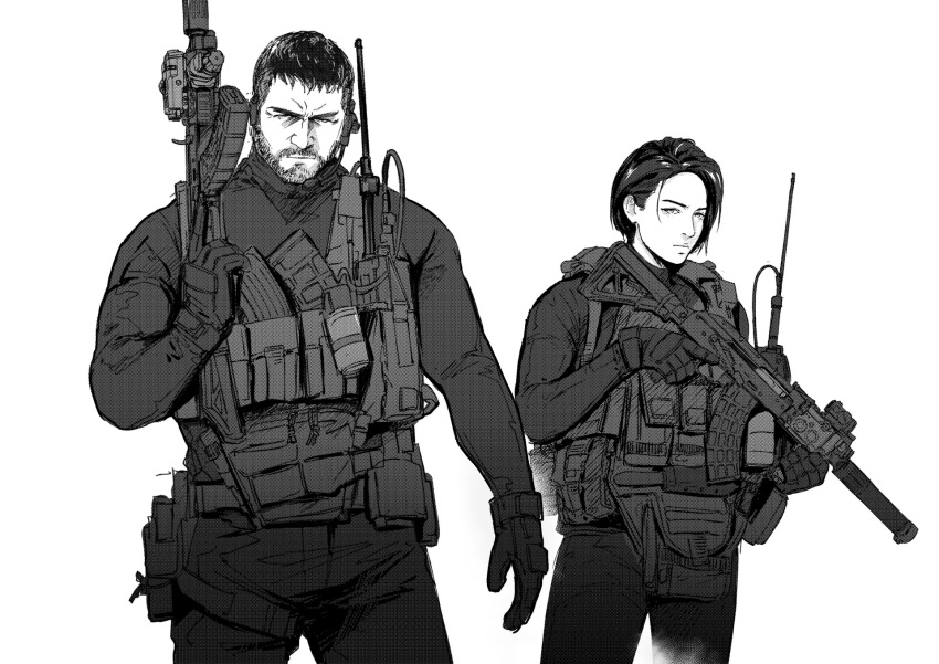 1boy, 1girl, argent_moon, assault_rifle, beard_stubble, black_gloves, black_hair, chris_redfield