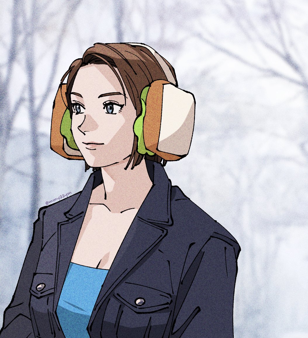 1girl, artist_name, black_jacket, blue_eyes, blue_shirt, brown_hair, commentary, earmuffs