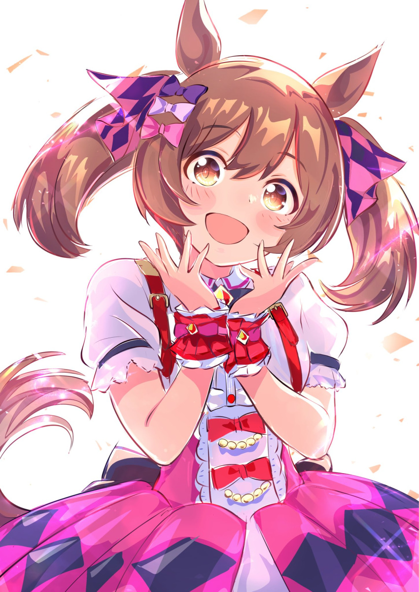 1girl, animal_ears, argyle_bow, blush, bow, breasts, brown_eyes, brown_hair