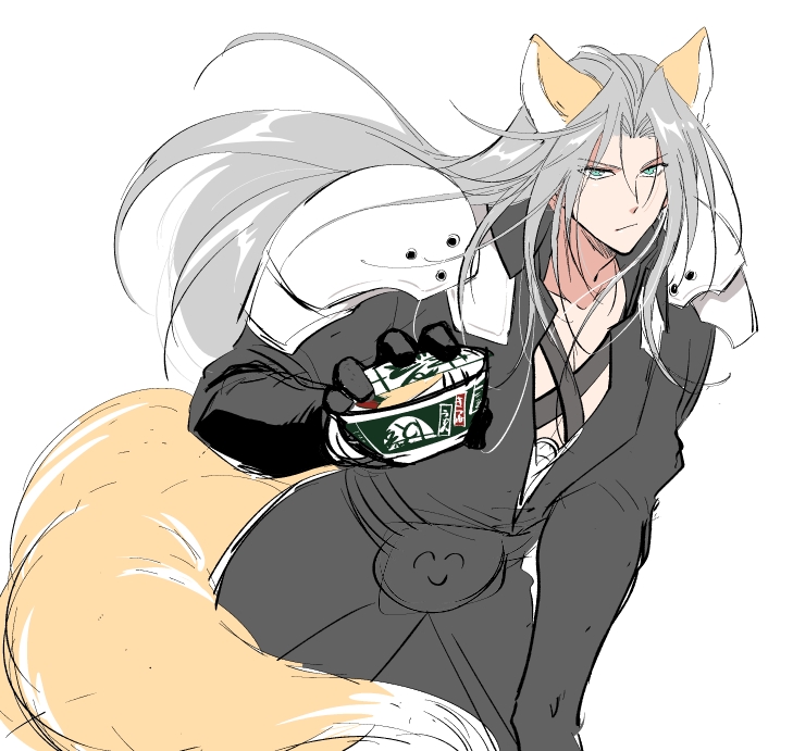 1boy, 20x26tks, animal_ears, aqua_eyes, armor, black_coat, black_gloves, chest_strap, closed_mouth, coat, commentary_request, cowboy_shot, donbei_kitsune_udon, final_fantasy, final_fantasy_vii, final_fantasy_vii_remake, food, fox_boy, fox_ears, fox_tail, gloves, grey_hair, holding, holding_food, instant_noodles, instant_udon, long_hair, looking_at_viewer, male_focus, nissin_donbei, official_alternate_animal_ears, parted_bangs, pauldrons, sephiroth, sephiroth_(don_gitsune), shoulder_armor, sketch, solo, tail, white_background