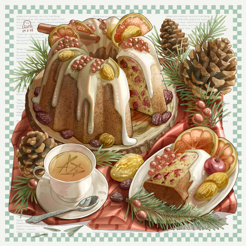 absurdres, artist_name, berry, bundt_cake, cake, cake_slice, cherry, cinnamon_stick