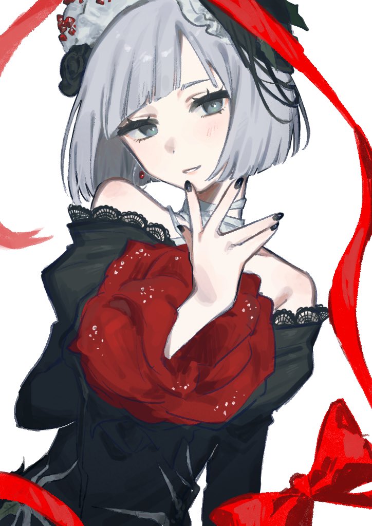 1girl, bare_shoulders, black_dress, black_hat, black_nails, blue_eyes, blunt_bangs, blunt_ends