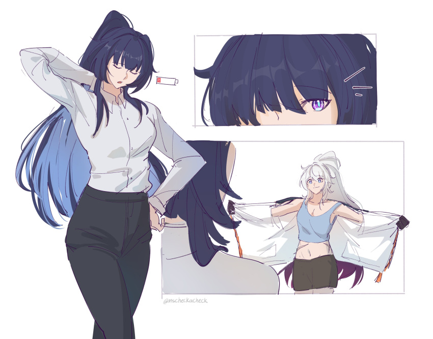 2girls, ahoge, battery_indicator, blue_eyes, colored_inner_hair, commentary, english_commentary, gradient_hair, high_ponytail, highres, honkai_(series), honkai_impact_3rd, kiana_kaslana, kiana_kaslana_(herrscher_of_finality), mscheckacheck, multicolored_hair, multiple_girls, navel, open_clothes, outstretched_arms, pants, ponytail, purple_hair, raiden_mei, raiden_mei_(herrscher_of_origin), shirt, shorts, spread_arms, tank_top, violet_eyes, white_hair