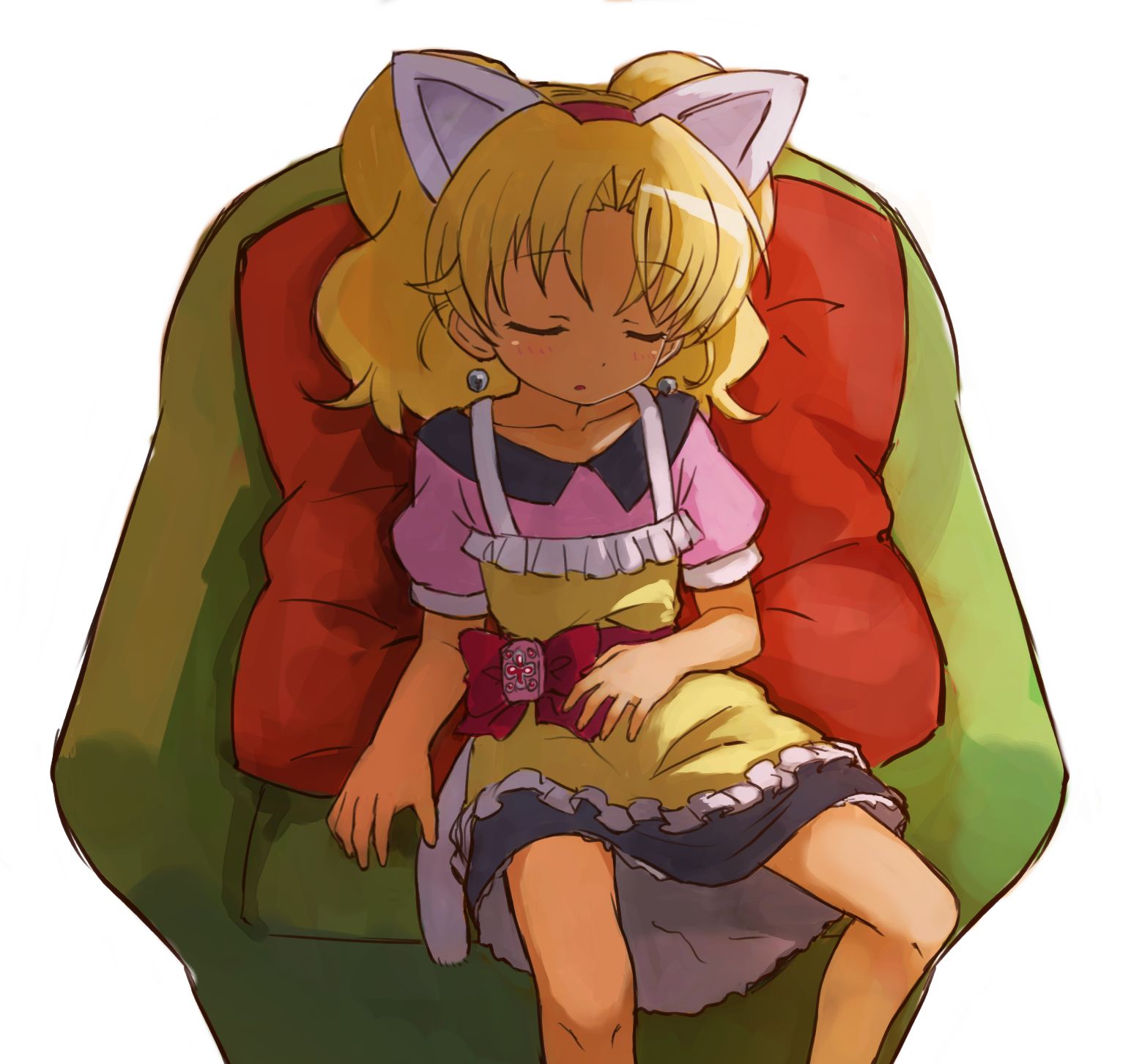 blonde_hair, cat_ears, cat_tail, chair, closed_eyes, eyes_closed, highres, hizashi_no_naka_no_real, jewelpet_(series), jewelpet_tinkle, miria_marigold_mackenzie, nyama, parody, pillow, solo, tail