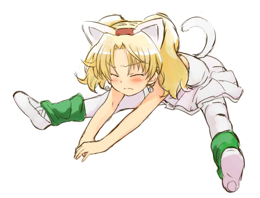 blonde_hair, blush, cat_ears, cat_tail, closed_eyes, eyes_closed, flexible, frown