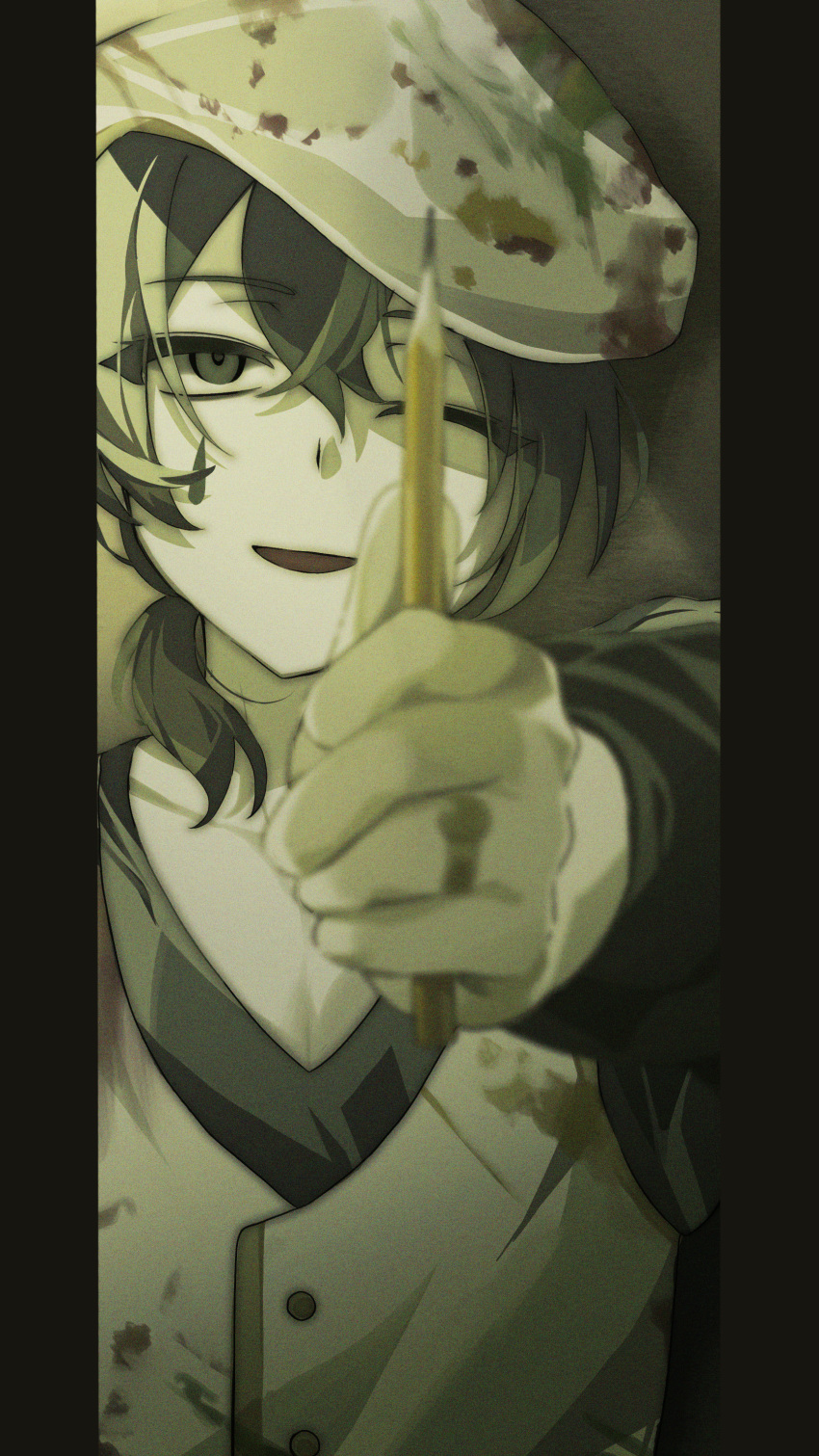 1boy, absurdres, beret, black_eyes, black_hair, commentary, facial_mark, hat, highres, holding, holding_pencil, jewelry, limbus_company, low_ponytail, open_mouth, paint_on_clothes, paint_stains, pencil, pillarboxed, ponytail, project_moon, ring, ring_(identity)_(project_moon), smile, solo, teardrop_facial_mark, teuchi_menmen, vest, white_vest, yi_sang_(project_moon)