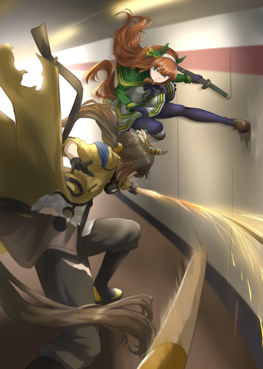 2girls, absurdres, animal_ears, black_hair, climbing_wall, ear_ornament, fighting, fighting_stance