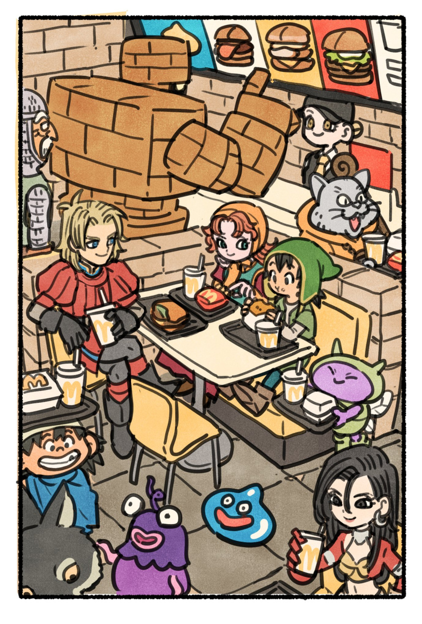 3girls, 4boys, aira_(dq7), armor, black_gloves, black_hair, blonde_hair, booth_seating