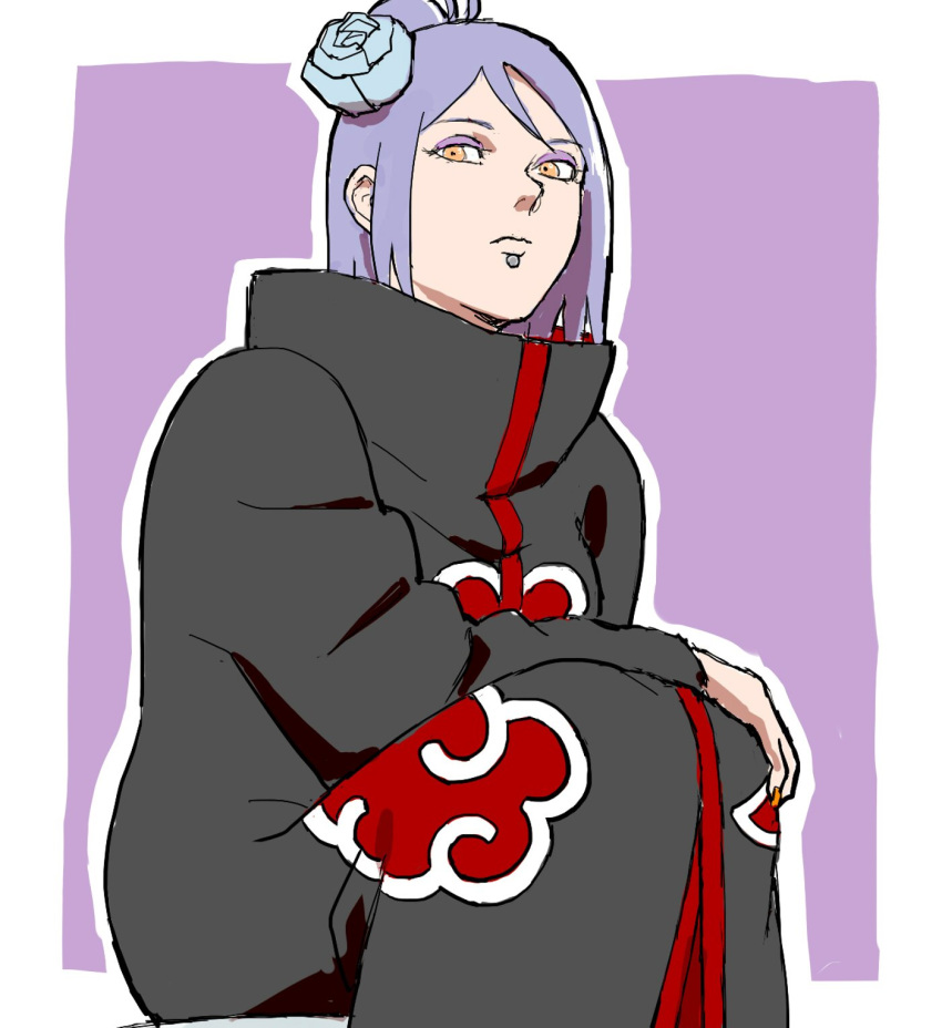 1girl, akatsuki_uniform, black_coat, blue_flower, blue_hair, border, closed_mouth, coat