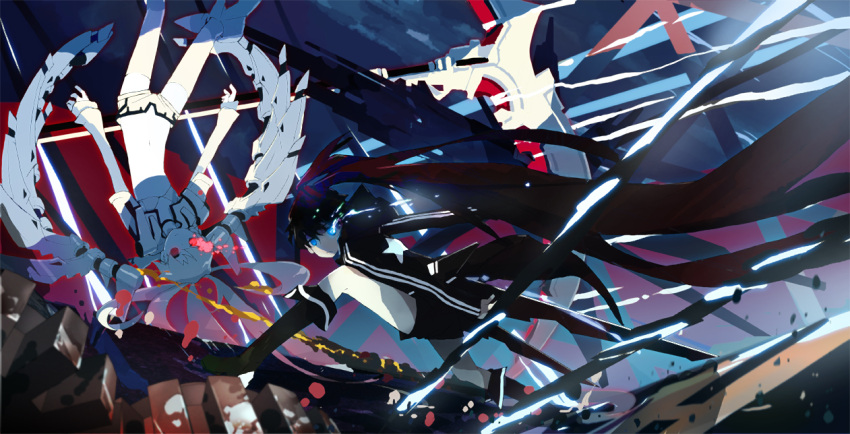 black_hair, black_rock_shooter, black_rock_shooter_(character), black_rock_shooter_(game), blue_eyes, boots, glowing, glowing_eyes