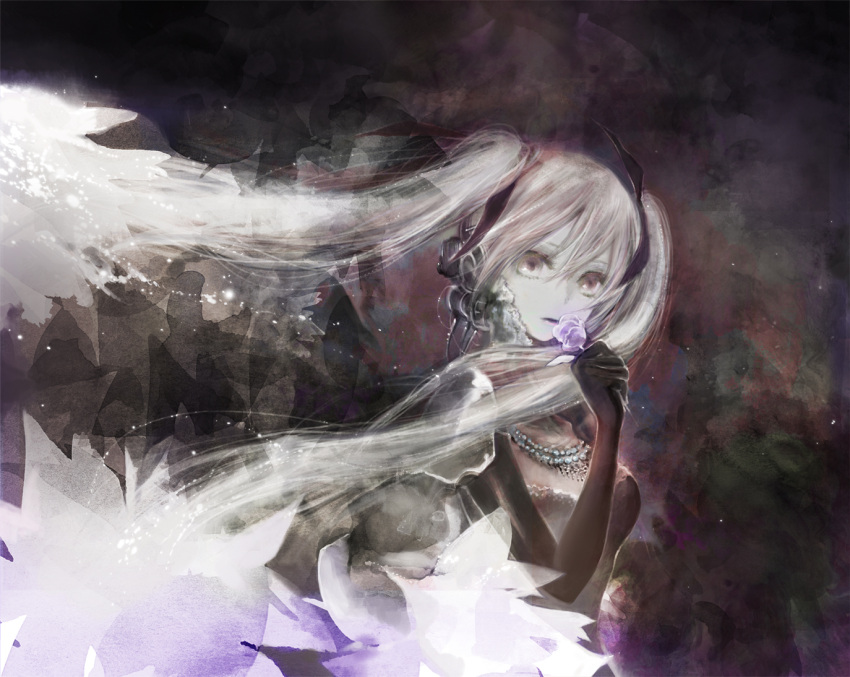 dress, flower, grey_eyes, hatsune_miku, headphones, jewelry, long_hair, necklace