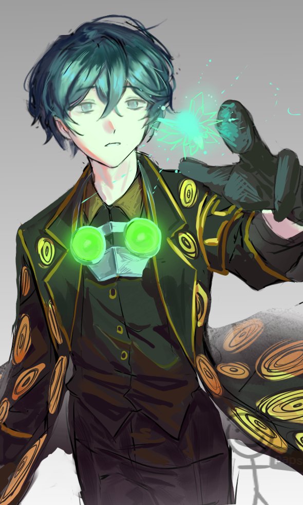 1boy, apapyart, black_coat, black_eyes, black_gloves, black_pants, black_shirt, blue_hair