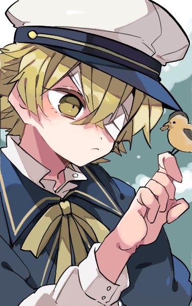 1boy, bird, bird_on_hand, blonde_hair, blue_shirt, closed_mouth, collared_shirt, commentary_request