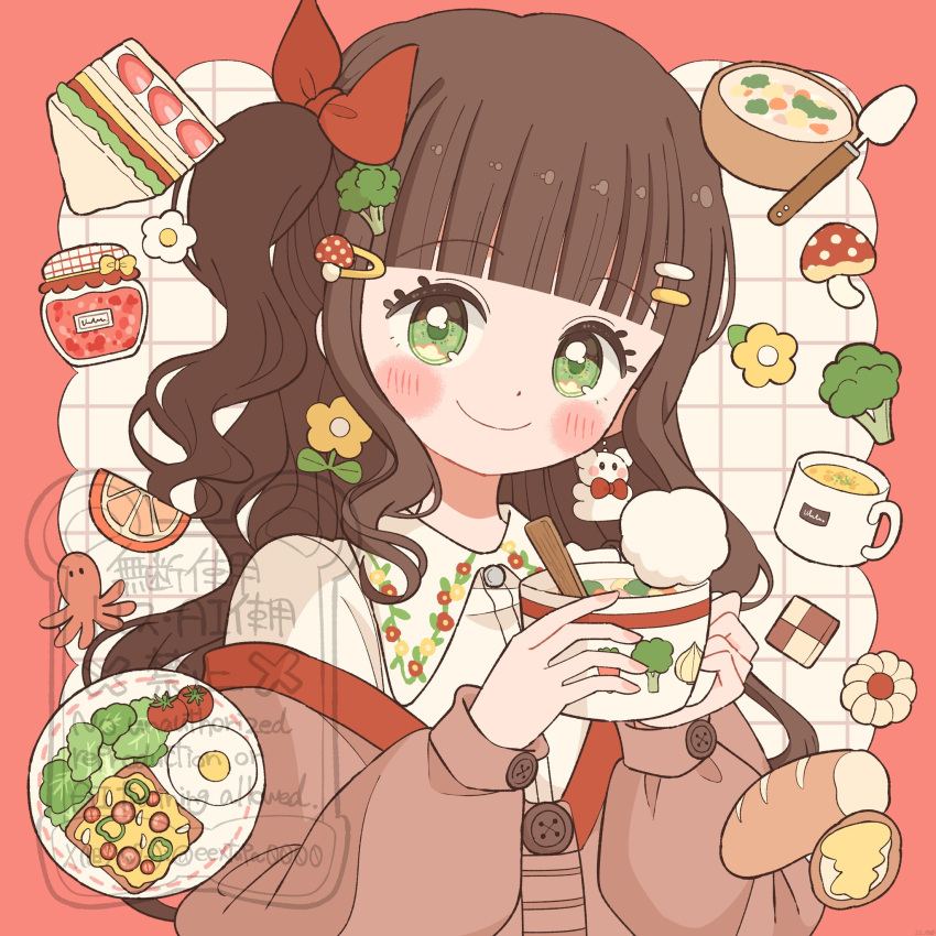 1girl, blunt_bangs, blush_stickers, border, bow, bowl, bread, bread_slice