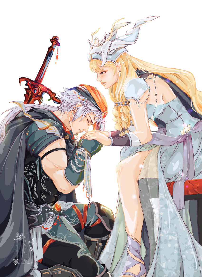 1boy, 1girl, absurdres, armor, black_cloak, blonde_hair, boots, braid
