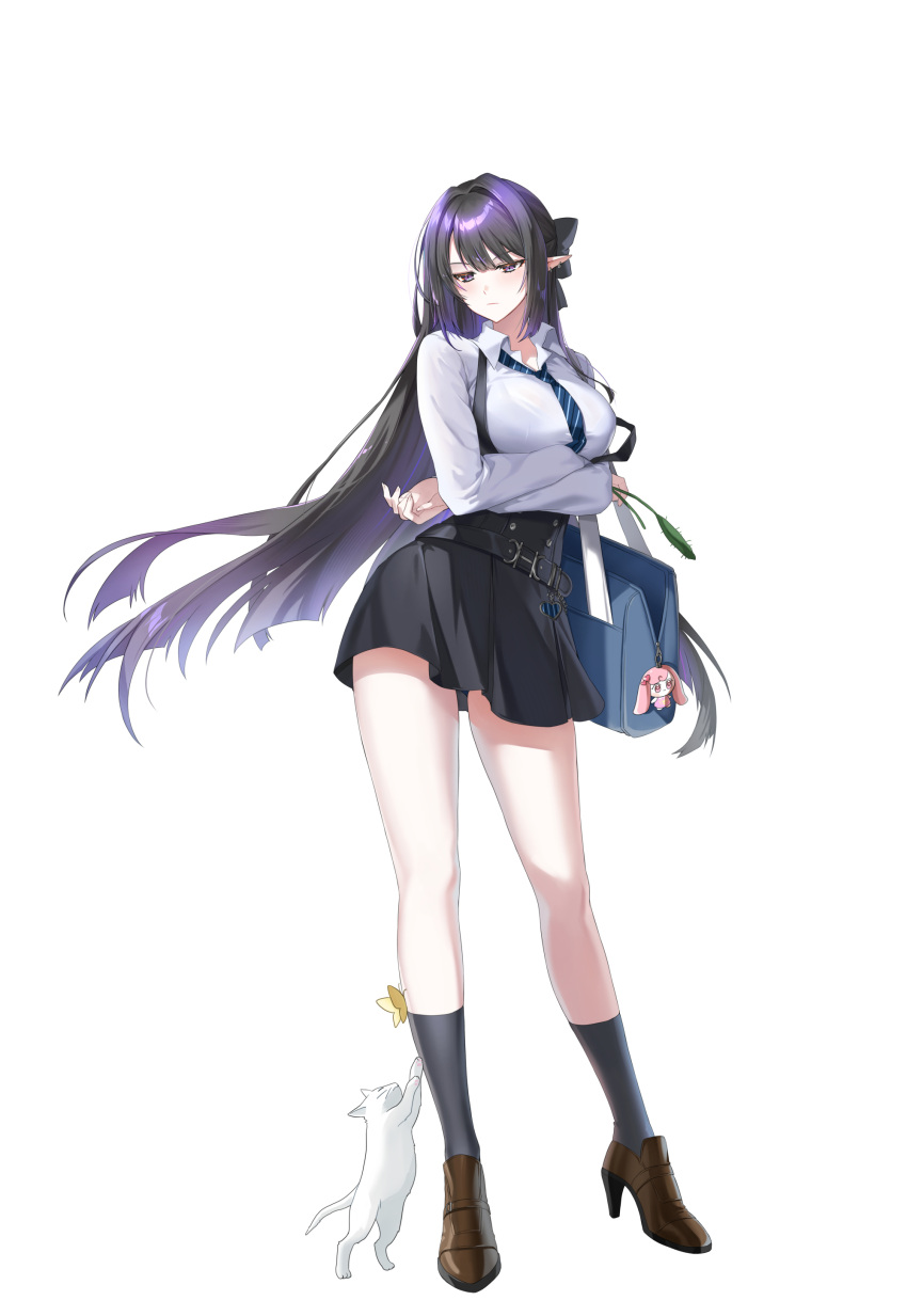 1girl, :/, absurdres, bag, belt, black_belt, black_bow, black_hair