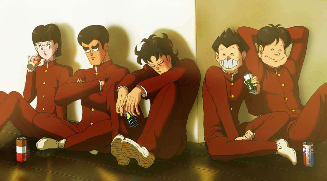 5boys, afro, arms_behind_head, black_hair, blunt_bangs, can, closed_eyes, commentary_request