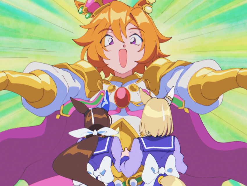 1990s_(style), 3girls, admire_vega_(umamusume), animal_ear_piercing, animal_ears, aqua_background, armor, back_bow