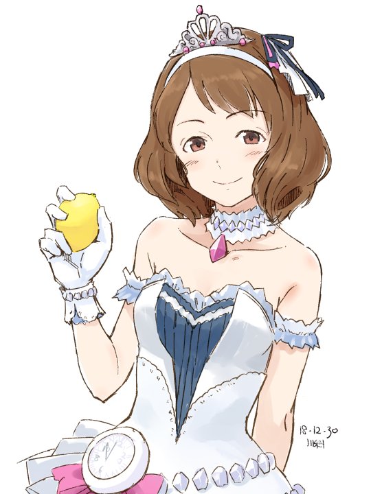 1girl, arm_behind_back, armband, brown_eyes, brown_hair, clock, collarbone, dated
