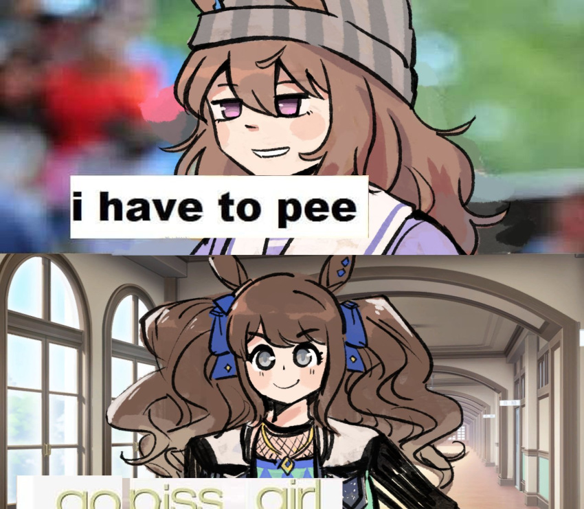 2girls, animal_ears, aqua_shirt, argyle_clothes, argyle_shirt, beanie, black_jacket, black_shirt