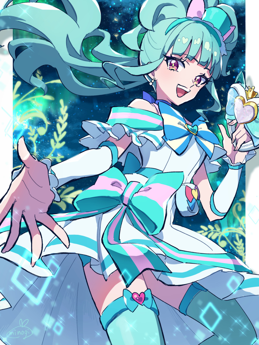1girl, amity_ribbon_tamourine, aqua_bow, aqua_hat, aqua_shorts, aqua_thighhighs, bike_shorts, blue_bow, blue_bowtie, blue_choker, bow, bowtie, brooch, choker, commentary_request, cowboy_shot, cure_lillian, dress, dress_bow, earrings, gloves, hair_bow, half_gloves, hat, heart, heart_brooch, highres, holding, jewelry, long_hair, looking_at_viewer, magical_girl, medium_dress, mini_hat, mini_top_hat, minogi1029, nekoyashiki_mayu, off-shoulder_dress, off_shoulder, open_mouth, outstretched_arm, pink_bow, pouch, precure, shorts, shorts_under_dress, side_ponytail, smile, solo, sparkle, thigh-highs, tilted_headwear, top_hat, violet_eyes, white_dress, white_gloves, wonderful_precure!