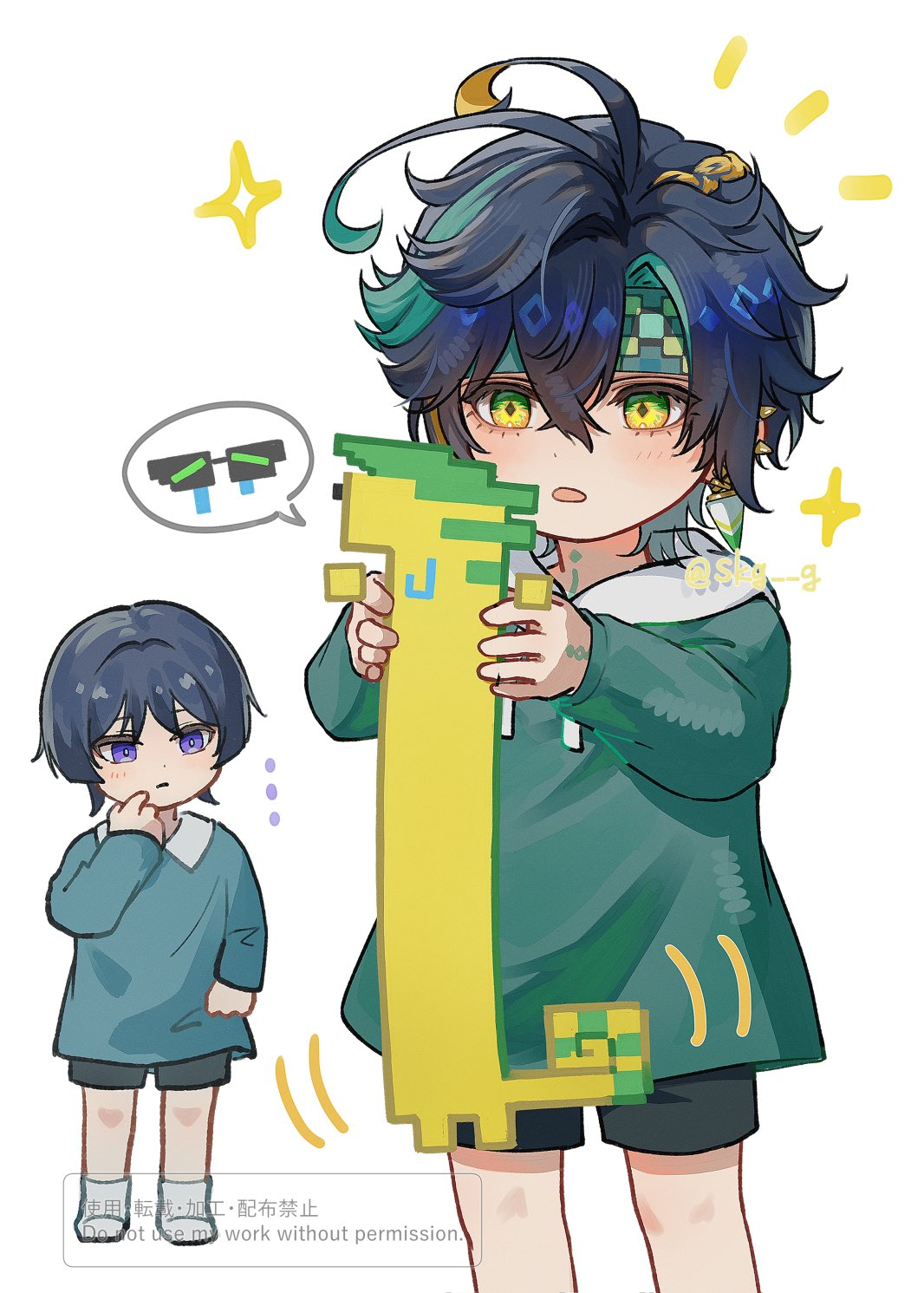 2boys, aged_down, ajaw_(genshin_impact), black_hair, black_shorts, blonde_hair, blue_eyes, blush, commentary_request, earrings, genshin_impact, green_eyes, green_hair, green_headband, green_shirt, headband, highres, hood, hoodie, jewelry, kinich_(genshin_impact), long_sleeves, male_focus, multicolored_hair, multiple_boys, open_mouth, scaramouche_(genshin_impact), shirt, short_hair, shorts, skg_g, streaked_hair, wanderer_(genshin_impact), white_hoodie
