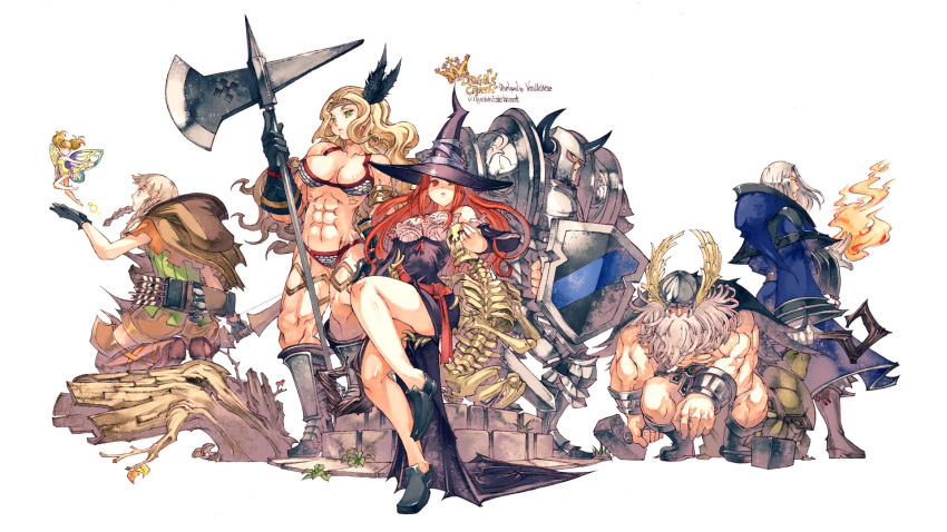 amazon_(dragon's_crown), amazon_(dragon's_crown), armor, arrow, axe, bikini, blonde_hair, bow_(weapon), braid, breasts, cleavage, dragon's_crown, dragon's_crown, dwarf_(dragon's_crown), dwarf_(dragon's_crown), elf, elf_(dragon's_crown), elf_(dragon's_crown), everyone, fairy, fighter_(dragon's_crown), fighter_(dragon's_crown), fire, hammer, hat, helmet, highres, horns, long_hair, muscle, pointy_ears, quiver, red_hair, redhead, shield, skeleton, sorceress_(dragon's_crown), sorceress_(dragon's_crown), staff, swimsuit, twin_braids, vanillaware, weapon, white_hair, witch_hat, wizard_(dragon's_crown), wizard_(dragon's_crown), yoshida_tooru, yoshita_tohru