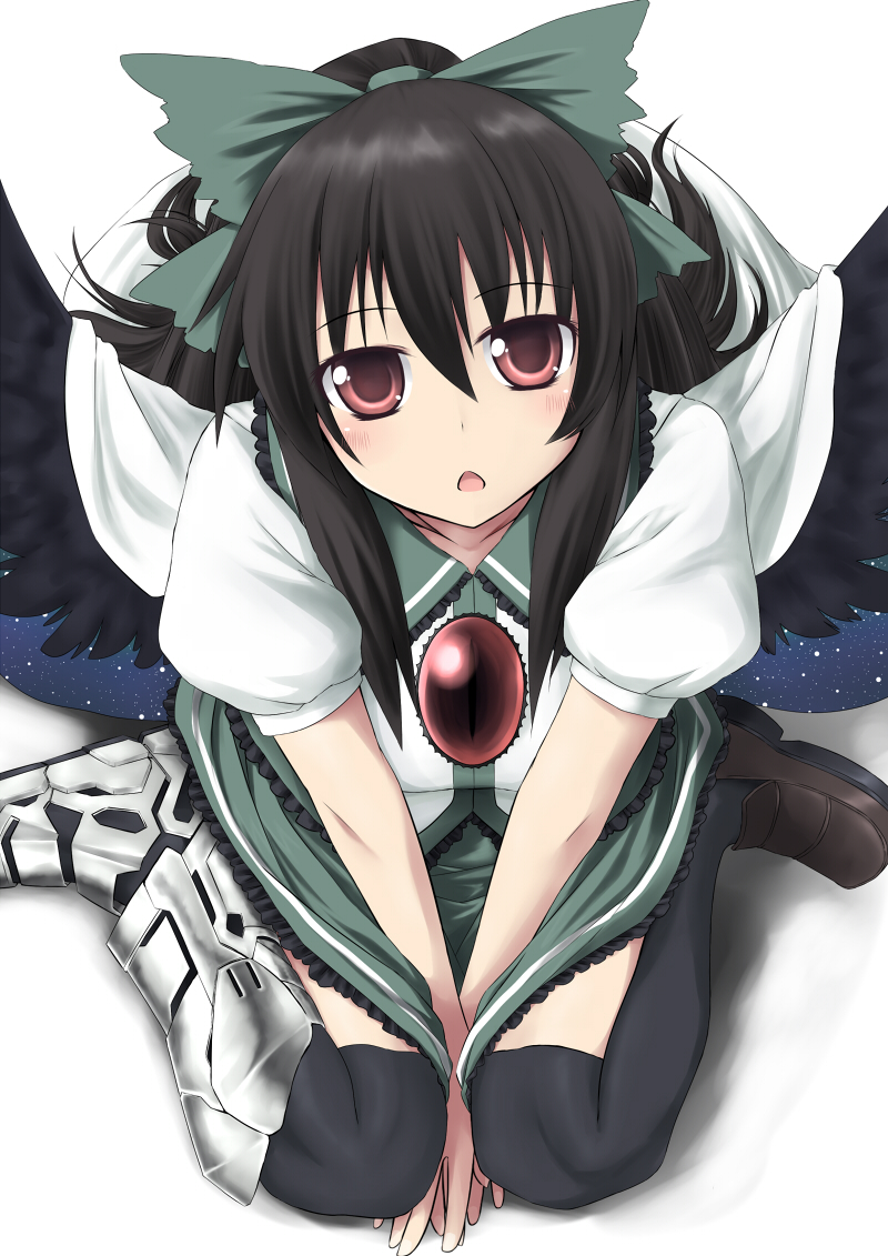 black_hair, black_legwear, from_above, kakurenbo., long_hair, looking_at_viewer, looking_up, mismatched_footwear, open_mouth, red_eyes, reiuji_utsuho, sitting, solo, stare, thigh-highs, thighhighs, touhou, v_arms, wariza, wings