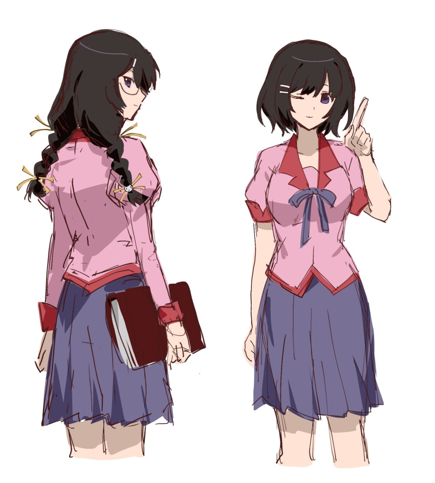 1girl, black_hair, book, braid, from_behind, glasses, hanekawa_tsubasa, highres, holding, holding_book, index_finger_raised, long_hair, looking_at_viewer, looking_back, monogatari_(series), multiple_views, naoetsu_high_school_uniform, no_eyewear, official_alternate_hair_length, official_alternate_hairstyle, one_eye_closed, pink_shirt, purple_skirt, school_uniform, shirt, short_hair, simple_background, skirt, twin_braids, violet_eyes, w1sd8396453, white_background
