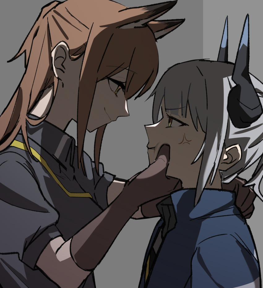 2girls, anger_vein, animal_ears, arknights, black_shirt, blue_jacket, brown_eyes, brown_gloves