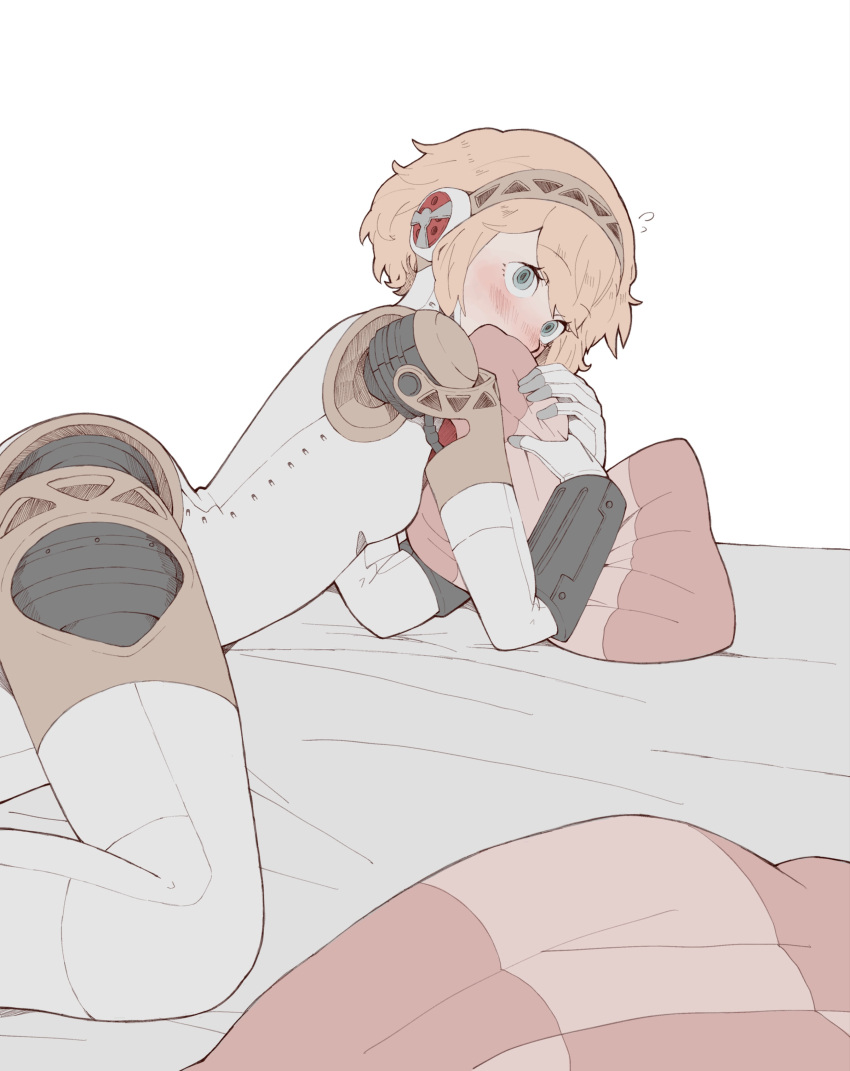 1girl, absurdres, aigis_(persona), android, aqua_eyes, arched_back, bilingual_commentary, blanket
