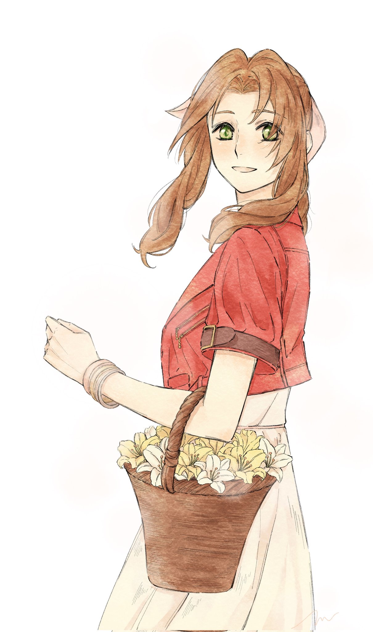 1girl, aerith_gainsborough, bangle, basket, bracelet, braid, braided_ponytail, brown_hair